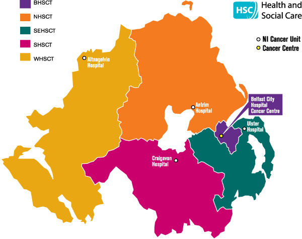 Map showing the trust areas with the hospitals providing cancer units/centres.